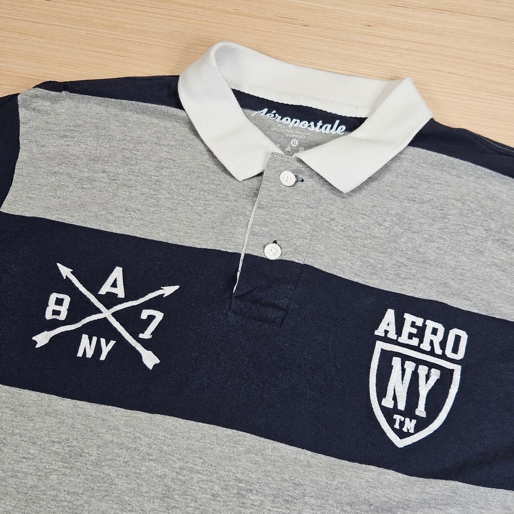 Aeropostale Rugby Polo Shirt Mens XL Gray Blue Striped Logo Short Sleeve Prep